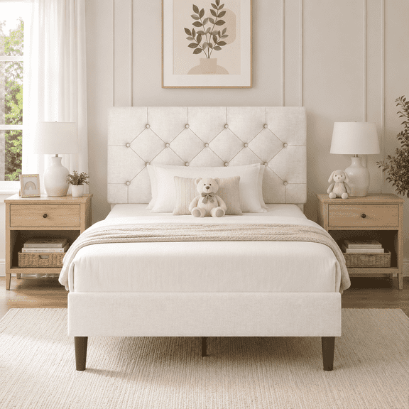 4 EVER WINNER Twin Bed Frame, White Twin Bed Frame, Twin Size Upholstered Bed Frame with Headboard, White