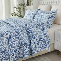 Lanpei Boho Bedspread Set 3-Piece King, Cotton Floral Quilt Coverlet Blue Bedding Set Lightweight Farmhouse Bedroom Hotel Quilted Bedspread (1 Coverlet 2 Pillow Shams)