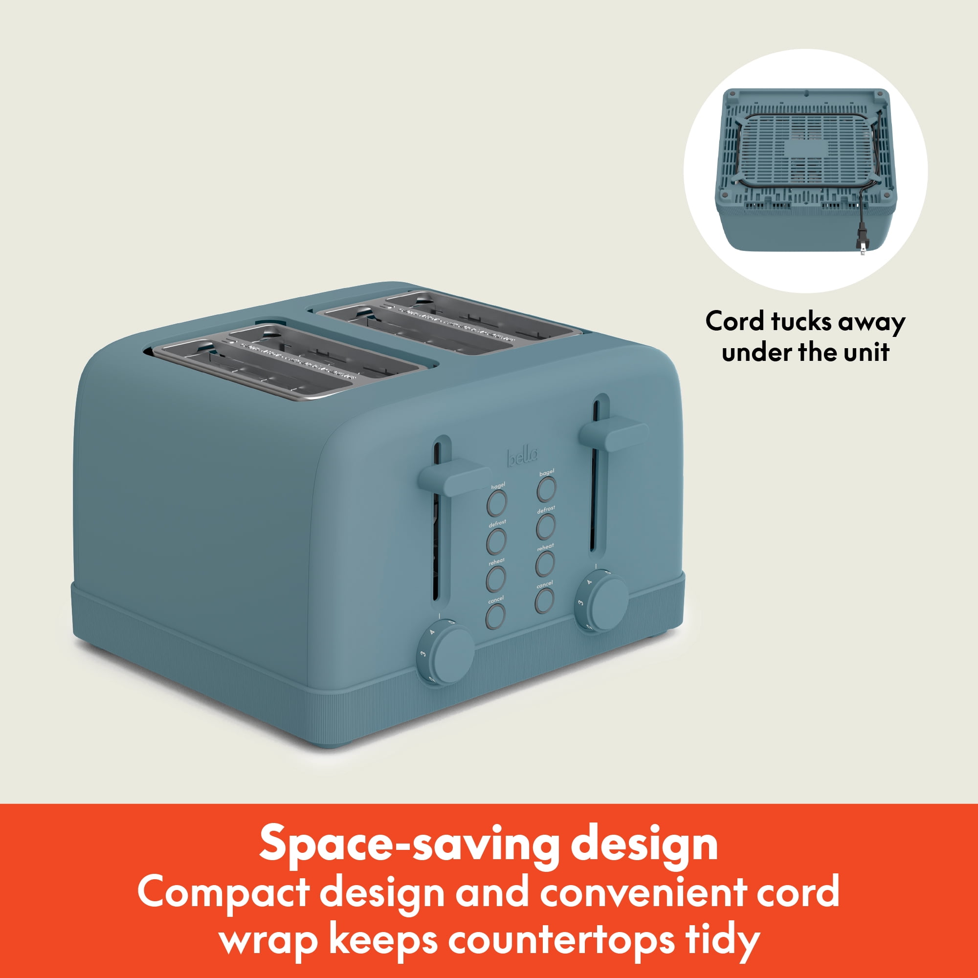 bella 4-Slice Toaster, 6 Setting Shade Control with Reheat, Cancel, Bagel & Defrost Buttons, Removable Crumb Tray, Anti Jam & Auto Shutoff, Surf