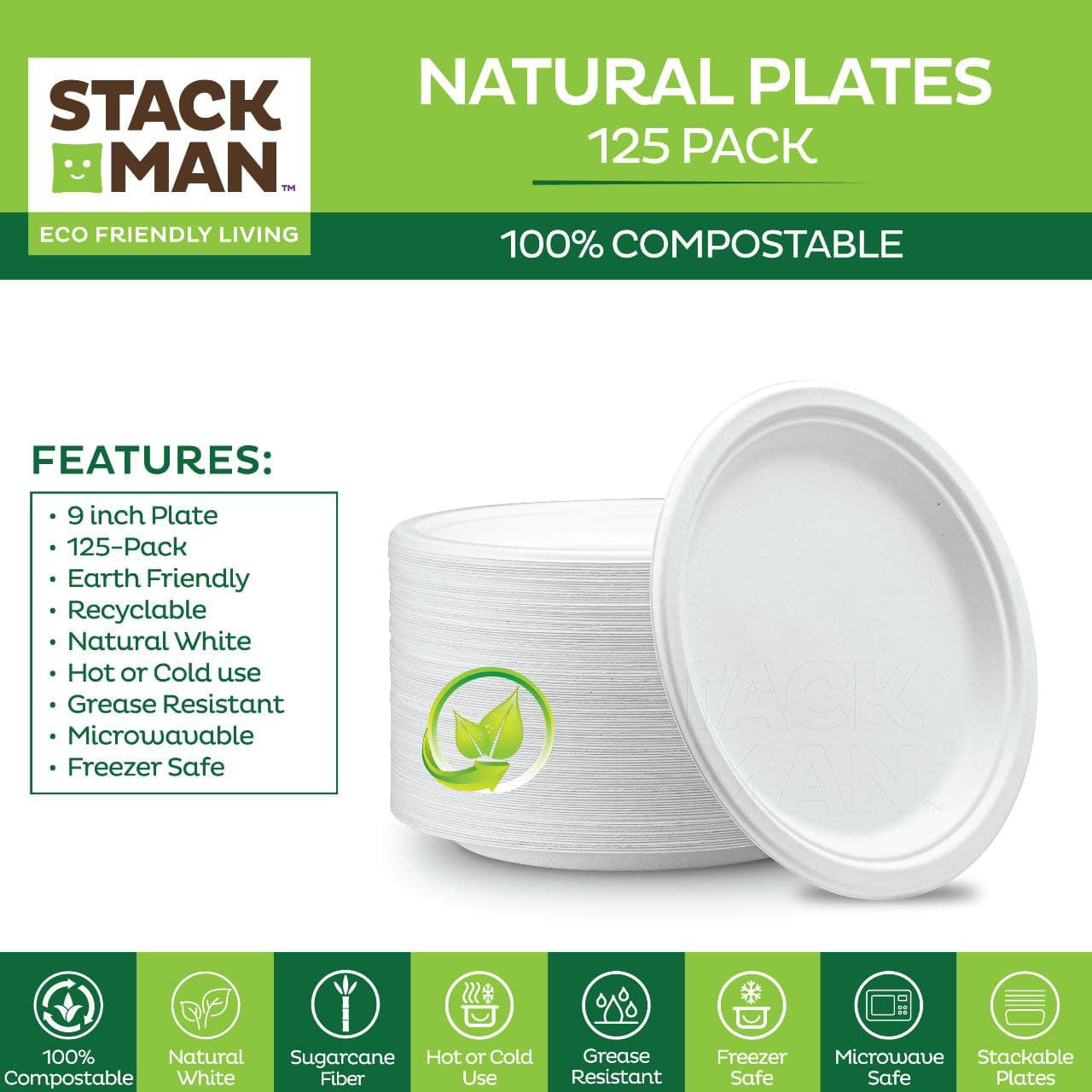125-Pack 100% Natural Compostable Heavy Duty Sugar Cane Fiber Paper Plates Bowls 