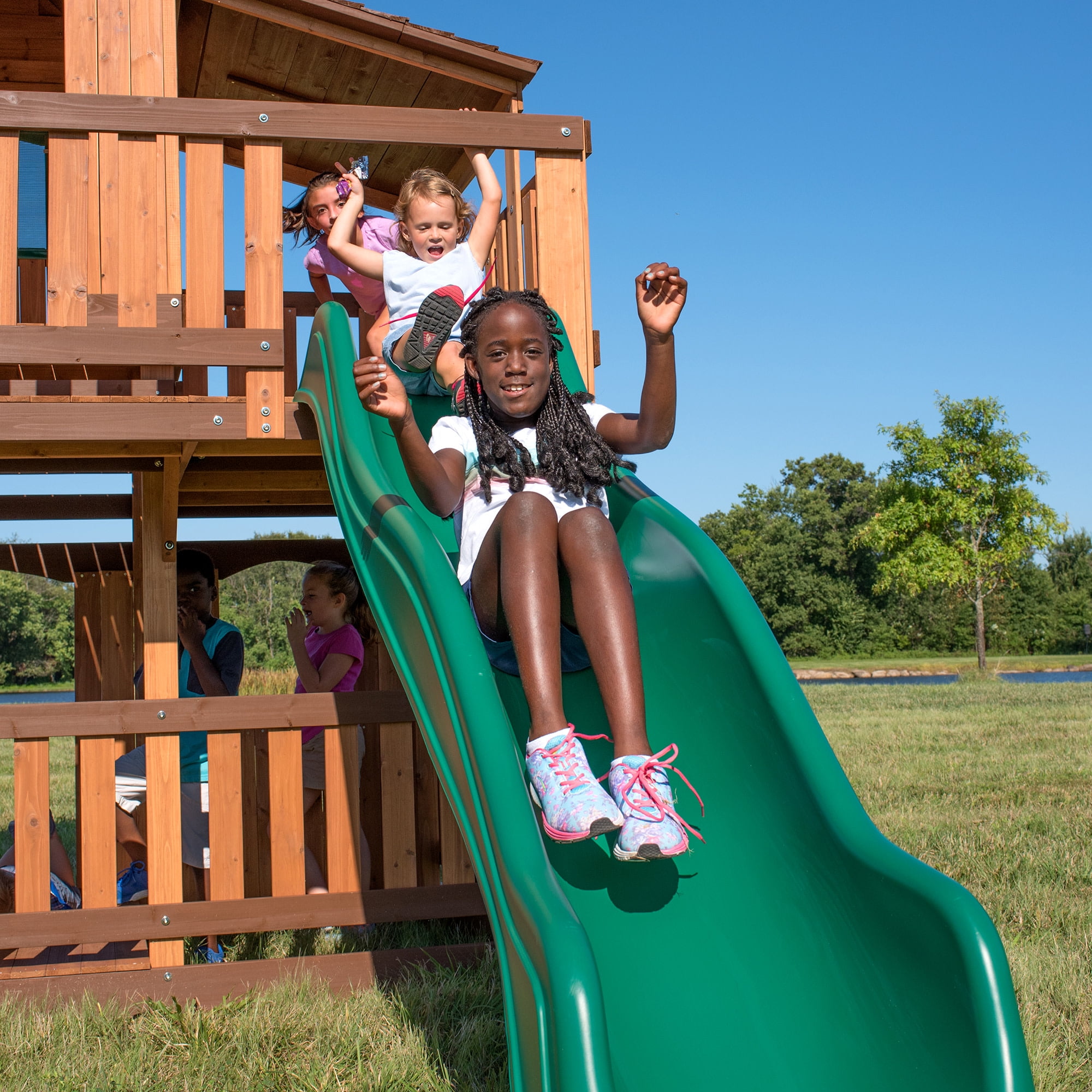 Backyard Discovery Woodridge Elite Cedar Wood Swing Set, Slide, Clubhouse, Crawl Tunnel