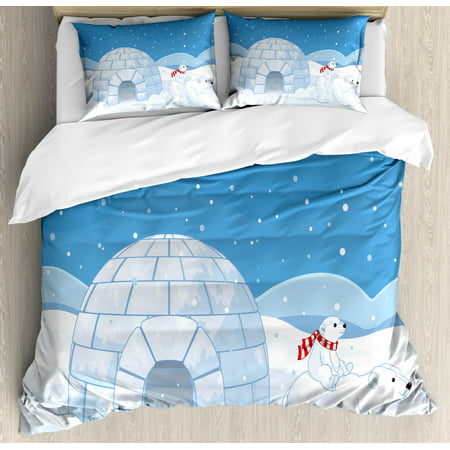 Polar Bear Duvet Cover Set Queen Size, Mom Polar Bear Riding Her Baby Motherhood Igloo Snow House Ice Scenery, Decorative 3 Piece Bedding Set with 2 Pillow Shams, Pale Blue White, by