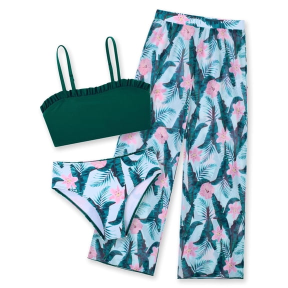 Aideaone Girls 3 Piece Swimsuit Set Quick Dry Bikini with Cover Up Pants Kids Bathing Suit for 6-16T Summer Beach Vacation Swimwear