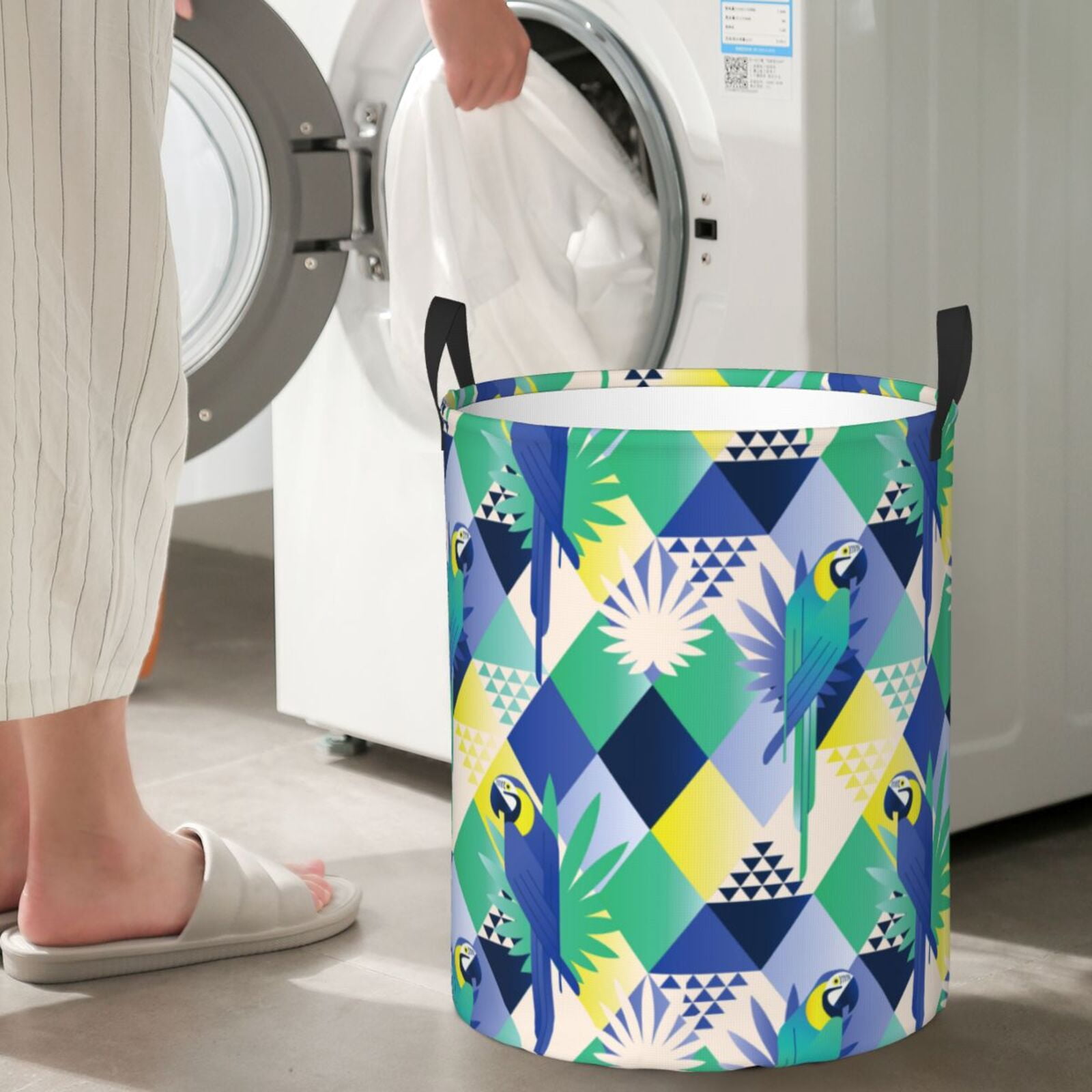 Large Laundry Basket with Handles - Geometric Cute Parrot Kids Baby Dirty Clothes Laundry Hamper for Bedroom Aesthetic
