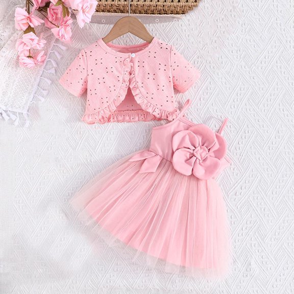 hengsof Summer Outfit Set for Baby Girls Sheer Dress Openwork Button Down Short Sleeve Jacket Sweet Girl's Clothing Set 2PC
