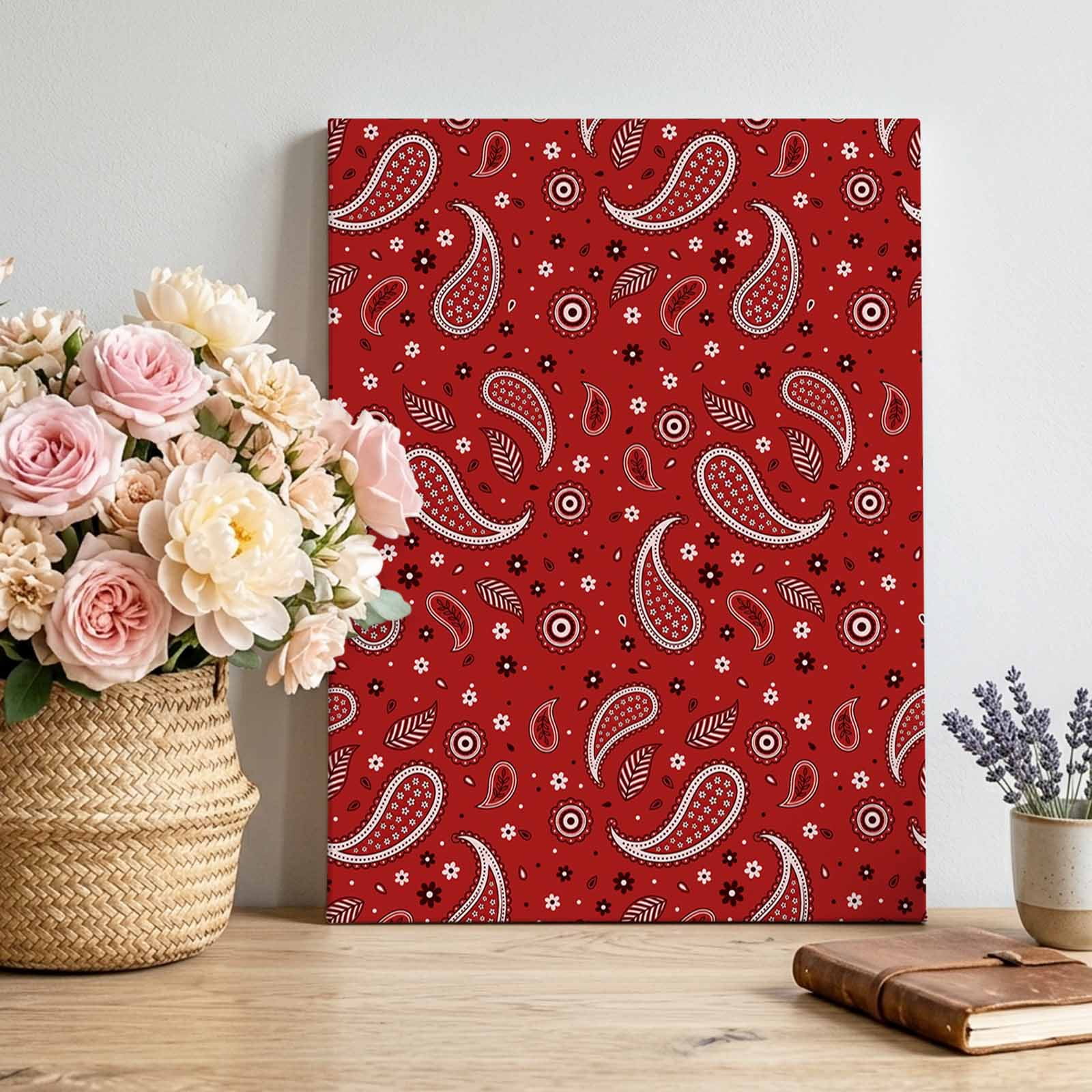 Vintage Art Canvas Wall Art Red Ethnic Classical Paisley Floral Leaf Pattern Pictures Wall Decor Wooden Framed Artwork Art Prints for Living Room Hallway Bedroom Office 12 x18
