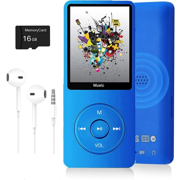 GJX MP3 Player With 16GB Micro SD Card, Portable Music Player With Built-in FM Radio, Video Playback, Voice Recorder and E-Book Reader, Supports Up to 128GB Expandable Storage, Dark Blue