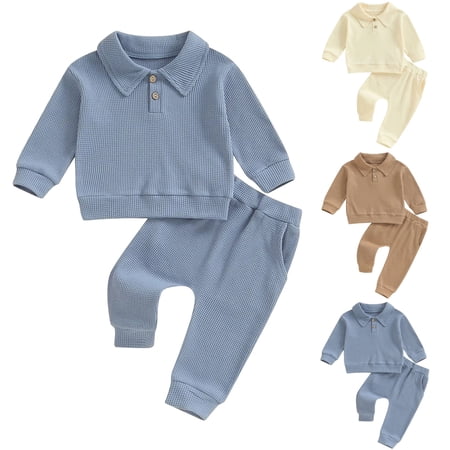 Faraee Newborn Baby Boy Clothes Knit Long Sleeve Button Up Collared Shirts Jogger Long Pants Set Infant 2 Piece Outfit 0 6 12 18 24 Months 2t 3t Blue