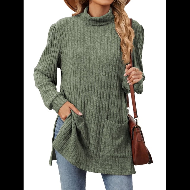 Camisas de Larga para Mujer, Blusas Túnica Casuales de Cuello Alto Verde L