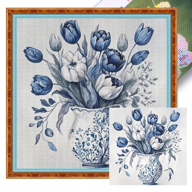 Hilo Algodón Ecológico Bordado Jarrón Impreso 11CT Kit Punto Cruz Arte 45x45cm