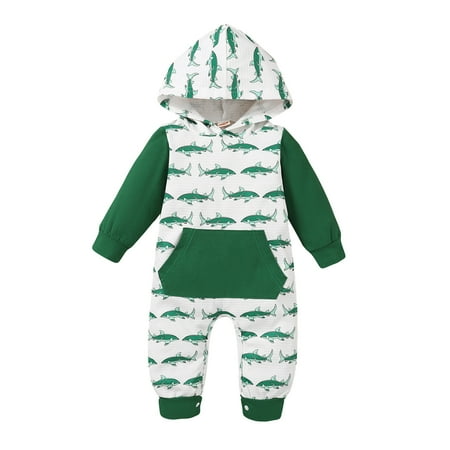 

Baby Boys Bodysuits Baby Unisex Cotton Fish Print Autumn Long Sleeve Hooded Romper Jumpsuit Clothes