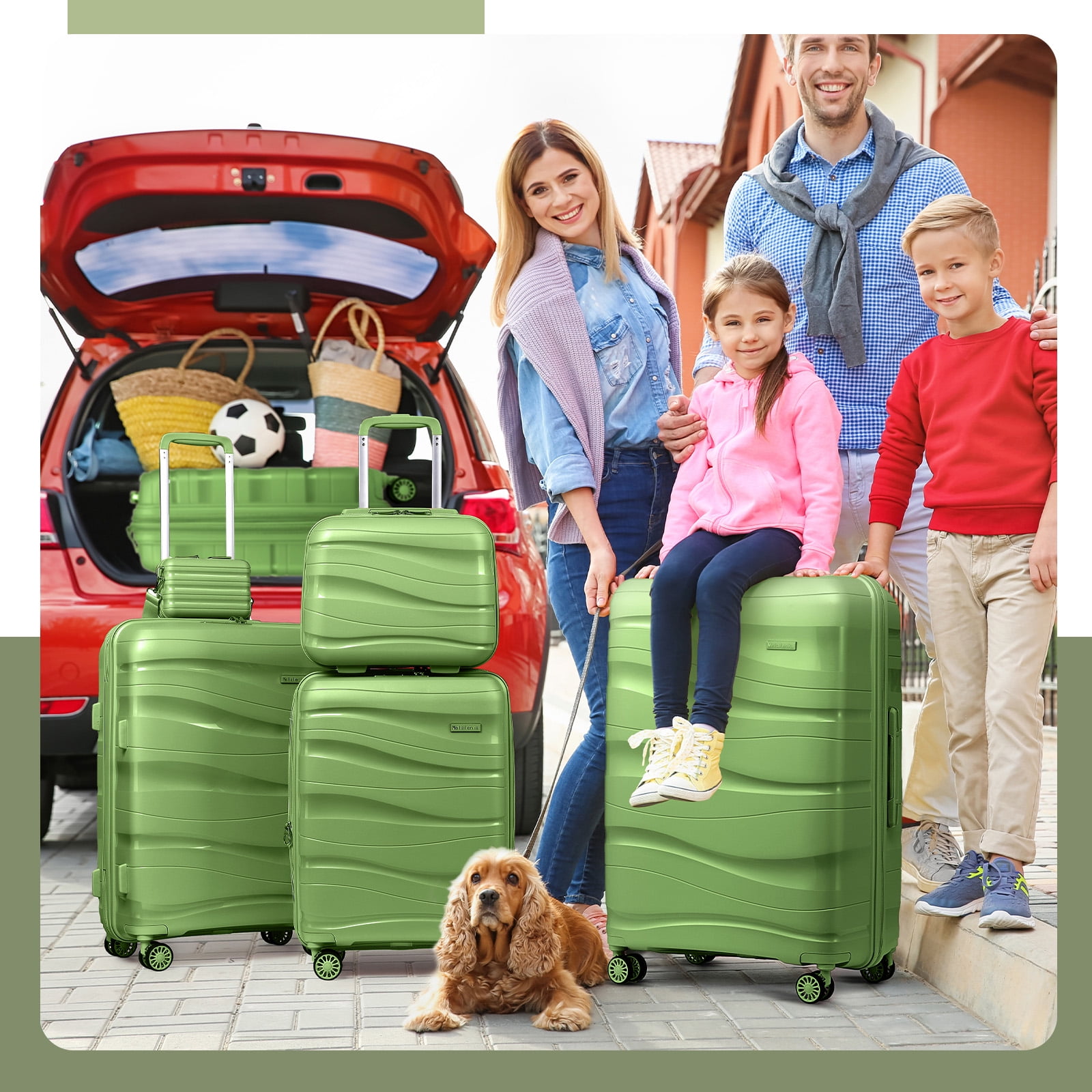 Joyway 5-Piece Luggage Set PP Hardshell Spinner Suitcase with TSA Lock - (Expandable Carry-On 20 Inch) (24 Inch 28 Inch) for School, Travel, Weekend - Green