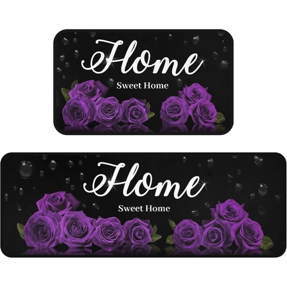 Purple Floral Kitchen Mat Set of 2, Purple and Black Kitchen Rugs Non-Skid Washable Kitchen Mats for Kitchen Sink Floor, Farmhouse Rose Kitchen Decor and Accessories Floral Kitchen Rug