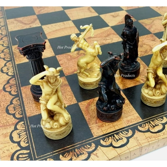 Greek Roman Mythology Gods Chess Set W/ Large 18" Faux Leather World Map Board