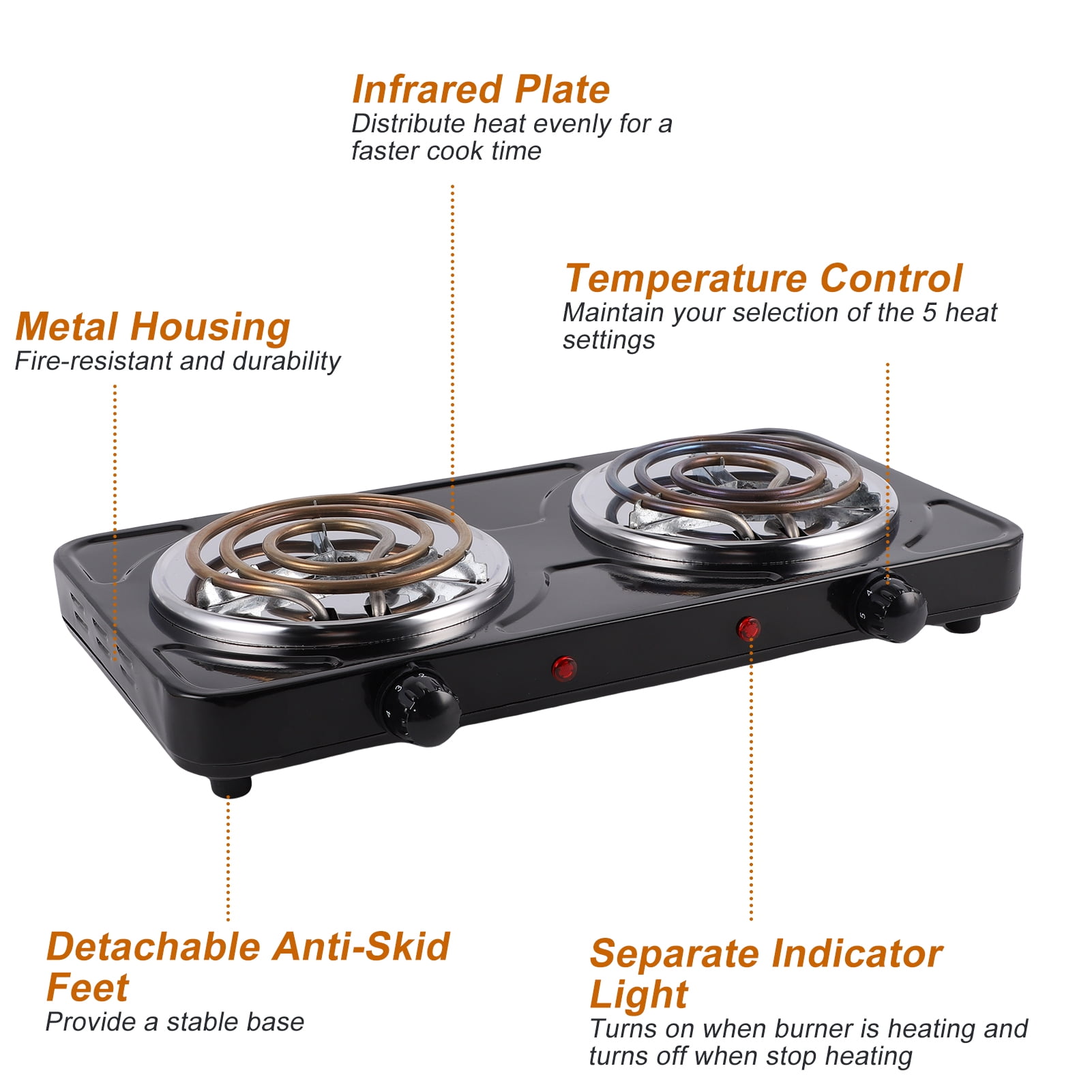 Hot Plate for Cooking, 2000W Electric Stove Burner with 5 Levels Temperature Control, Dual Coil Portable Stove for Home Dorm Office Kitchen Camping, Electric Cooktop Compatible of All Cookware, Black