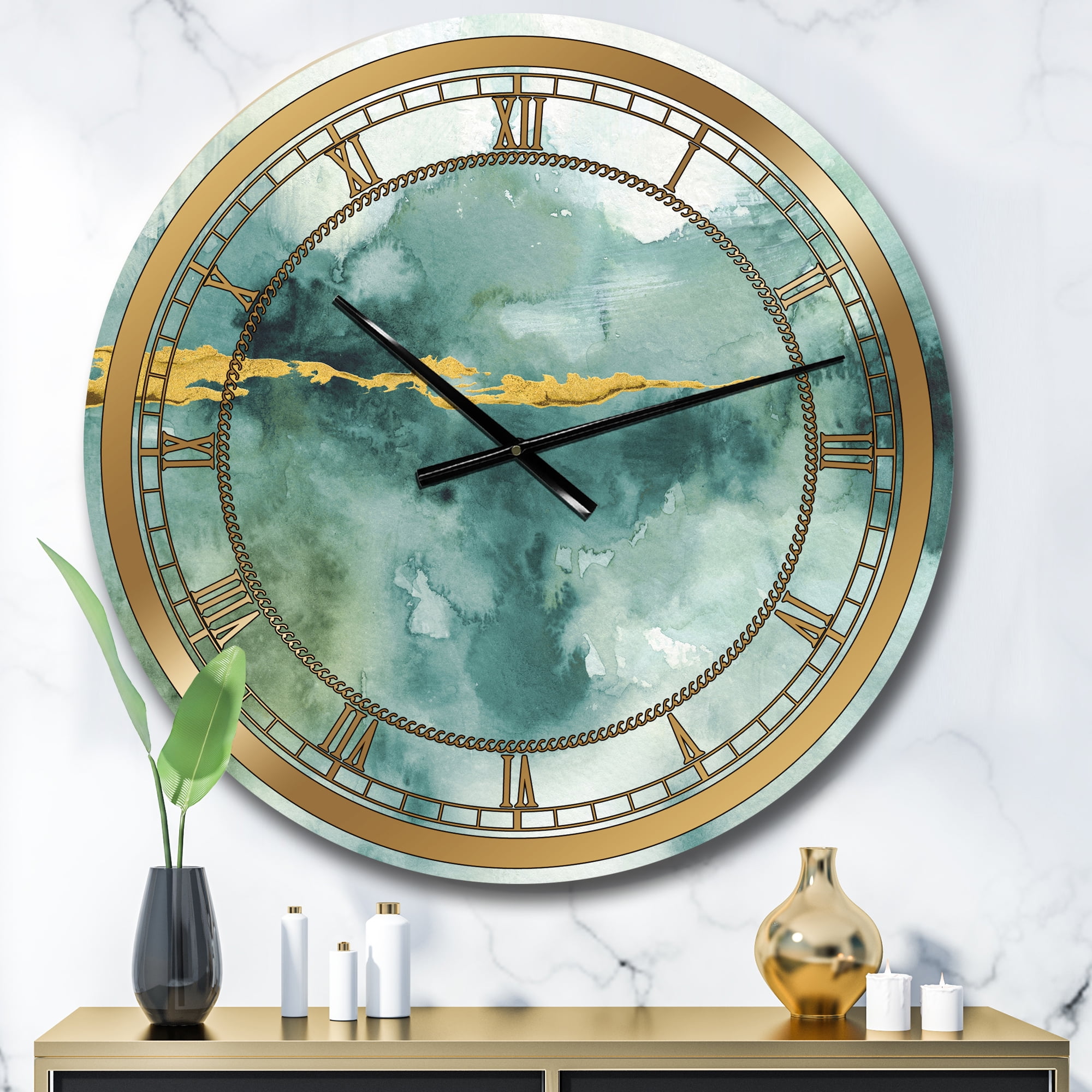 Designart 'Blue Watercolor Impression with Gold' Glam wall clock