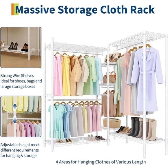 Heavy Duty Freestanding Garment Rack - 1630 lbs Capacity Clothes Organizer - 4 Hanging Rods & Adjustable Shelves - Portable Metal Wardrobe Closet System - 3 Combinations (2x3x2 Floors)