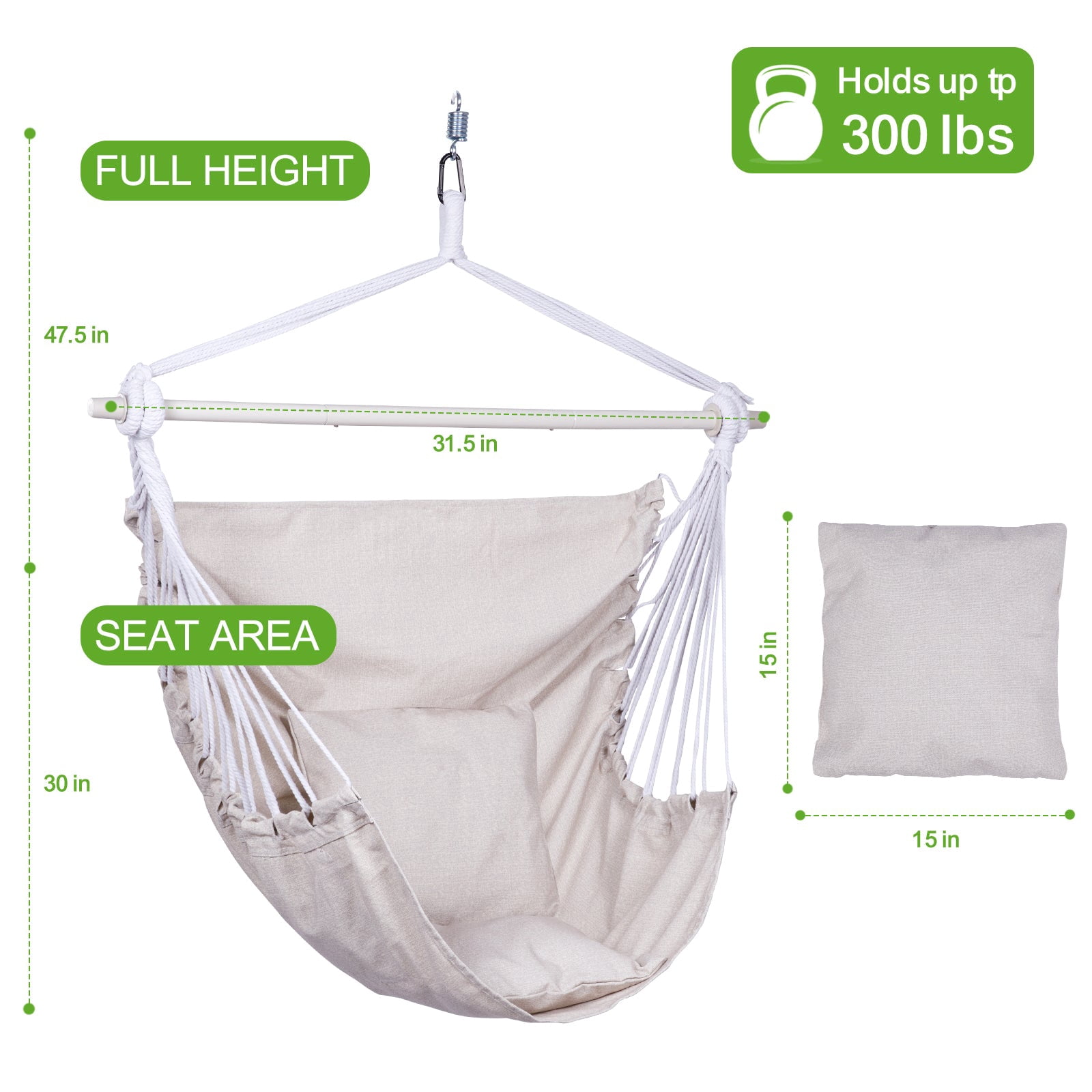 Backyard Expressions Hammock Chair Hanging Rope Swing Chair, 2 Pillows, Anti Slip Steel Spreader Bar