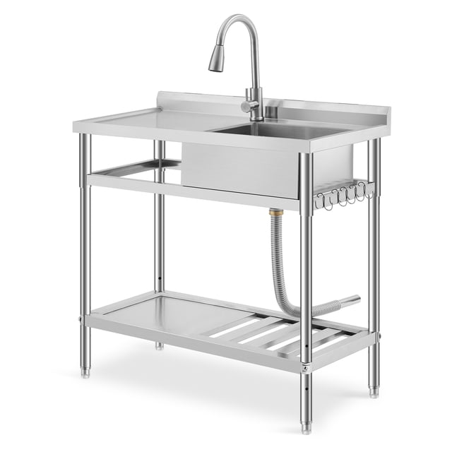 GloryStar Évier Utilitaire Commercial en Acier Inoxydable, Bol Unique Autoportant, avec Robinet d'Eau Chaude et Froide Rétractable, Planche à Laver Intégrée, Étagère Ouverte, Adapté pour une Utilisation Intérieure Ou Extérieure