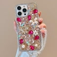thumbnail image 3 of for iPhone 16 Pro Max Case with Wrist Strap Women Luxury 3D Bling Shiny Rhinestone Diamond Crystal Pearl Handmade Flowers Soft Protective Glitter Case for iPhone 16 Pro Max (Hot Pink), 3 of 9