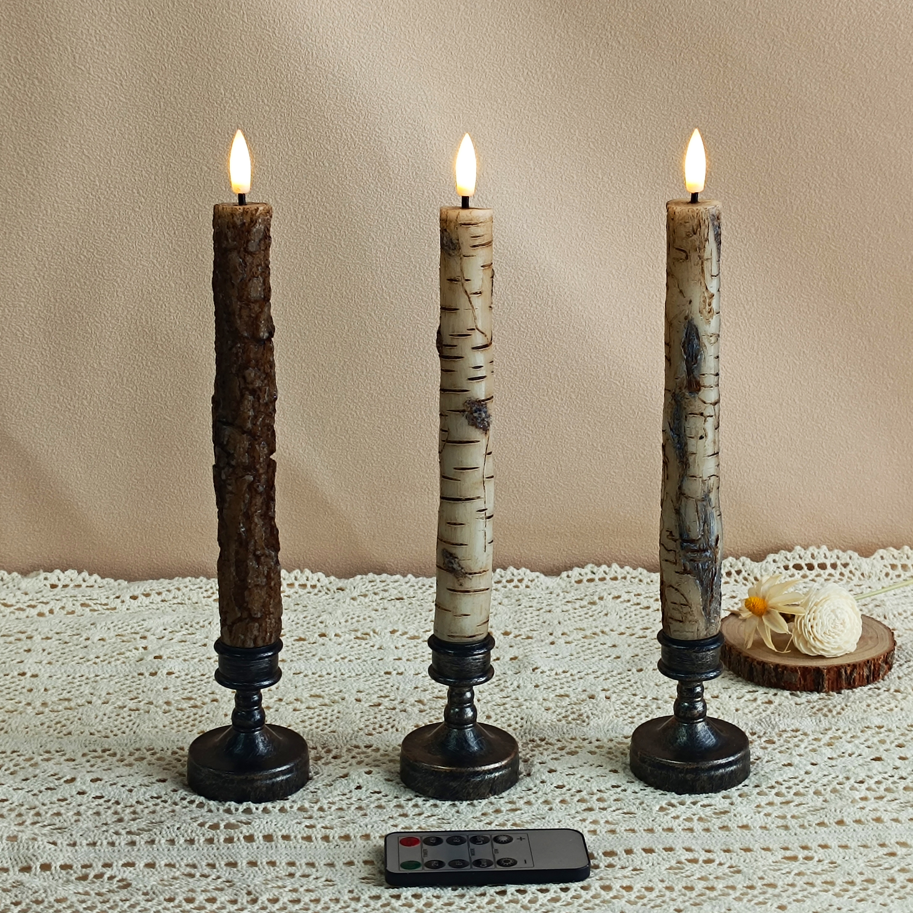 XINAOBAOLUO White Flameless Taper Candles with Remote Timer, Pack of 2 Bark Real Wax Battery Operated Candlesticks, 9.8 Inches LED Flickering Window Candles for Home Wedding Christmas Decor