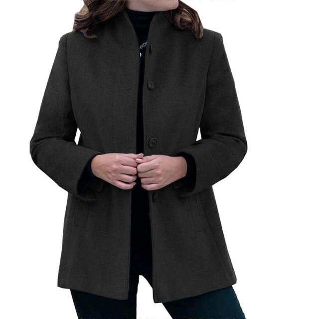 Women's Autumn/Winter Simple Long-Sleeved Collared Button-Down Slim Fit Wool Coat seblue XXXL