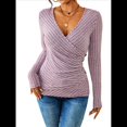 thumbnail image 3 of Camisa de Larga para Mujer, Cuello en V, Punto Acanalado, Suéter Ajustado con Botones, Blusa Informal de Trabajo para Otoño Gris Rosado Pálido XXL, 3 of 9