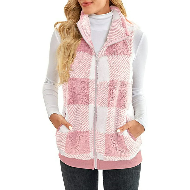 Frontwalk Womens Fuzzy Fleece Vest Winter Sleeveless Sherpa Zip Up Jacket  Warm Lightweight Plaid Outwear Pocket Pink XL 