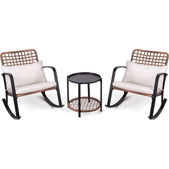 Mugovelo 3-Piece Outdoor Bistro Set, Rocking Patio Chairs with Handwoven Rattan Coffee Table, Space-Saving 2-Seater Balcony Furniture with Cushions