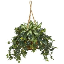 Nearly Natural 30in. Silver Queen and Ivy Polyester Artificial Plant in Hanging Basket, Green