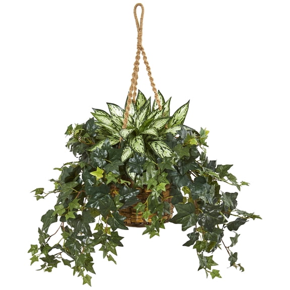 Nearly Natural 30in. Silver Queen and Ivy Polyester Artificial Plant in Hanging Basket, Green