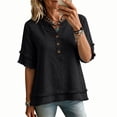 thumbnail image 6 of Womens Fringe Boho Tops Casual Cotton Linen Distressed V Neck Shirts Short Sleeve Gauze Blouses Raw Edge Hem Black S, 6 of 7