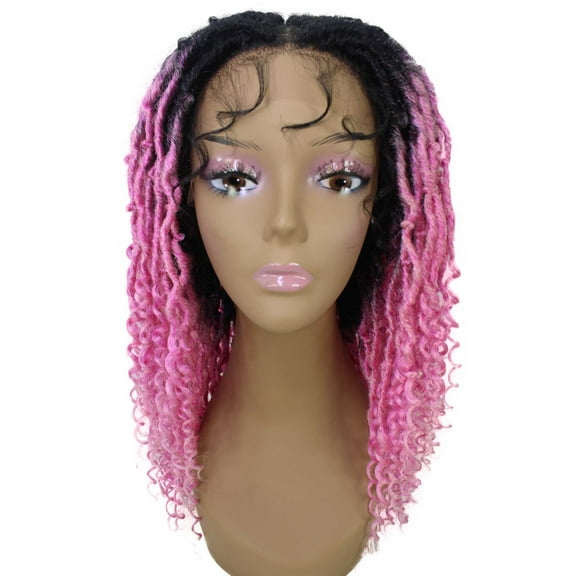 LUXLUXE Angel Curly Locs 20 in Long 4X4 Hand Tied Lace Braid Braided Wig, Beauty Heat Resistant Fiber, Black to Dark Pink Ombre Color