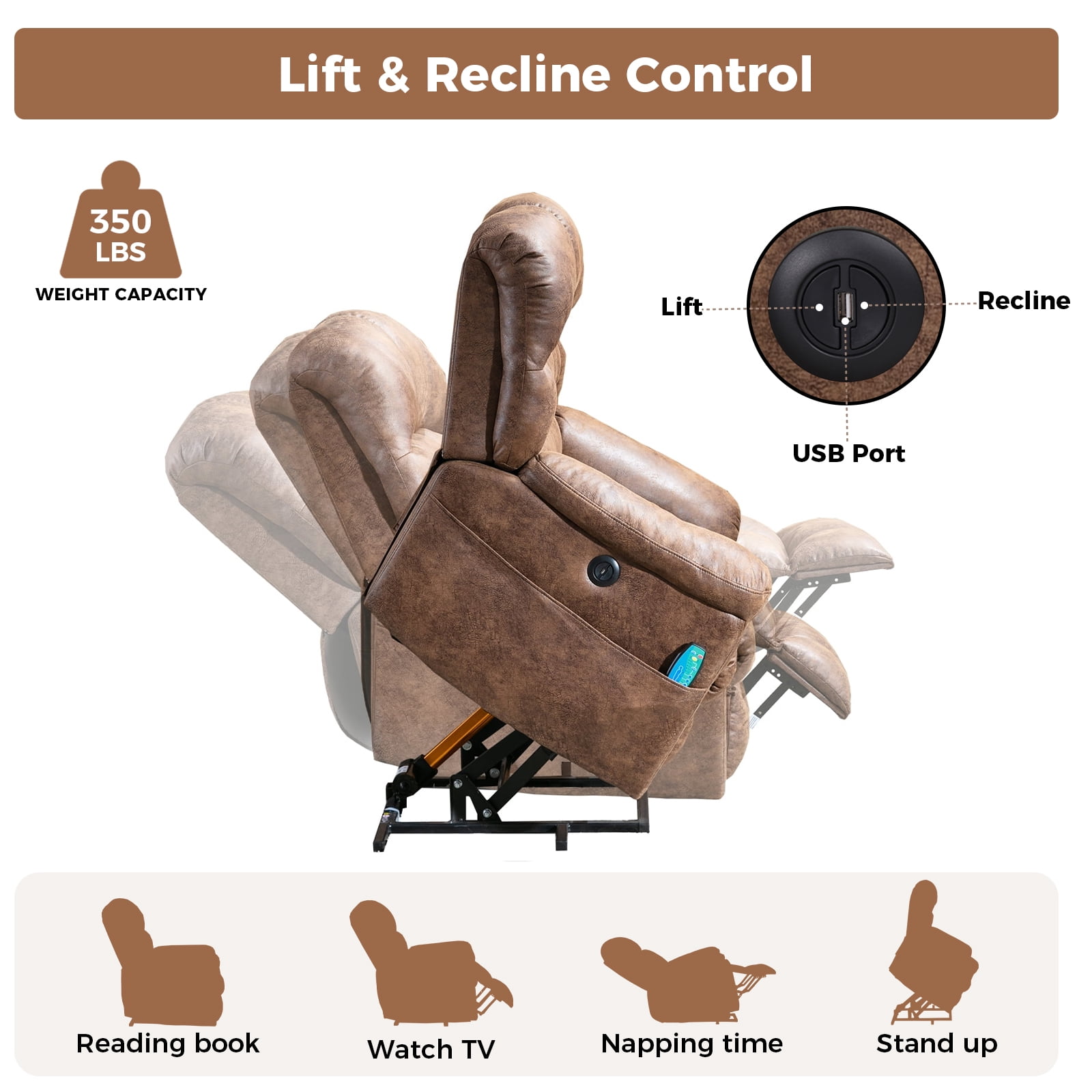 Bonzy Home Power Lift Chair Recliner for Elderly, Suede Fabric Heavy Duty Electric Lift Recliner with Massage,For tall men, Brown