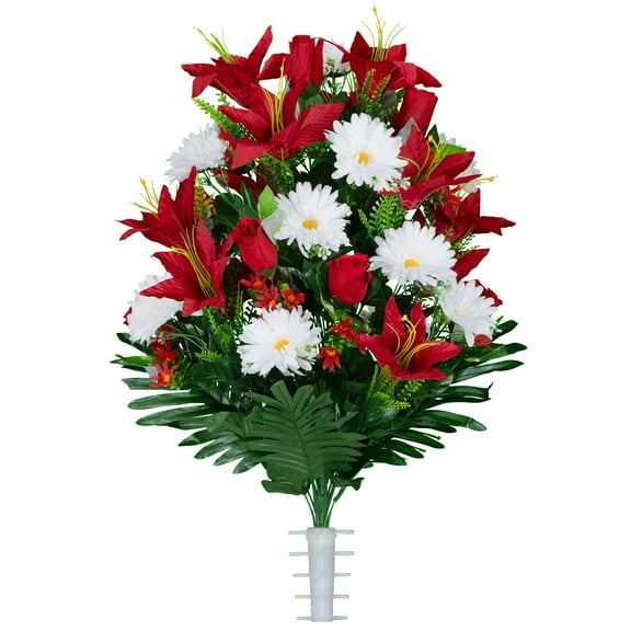 Sympathy Silks Cemetery Flowers Artificial Red Lilies with White Daisies and Red Roses