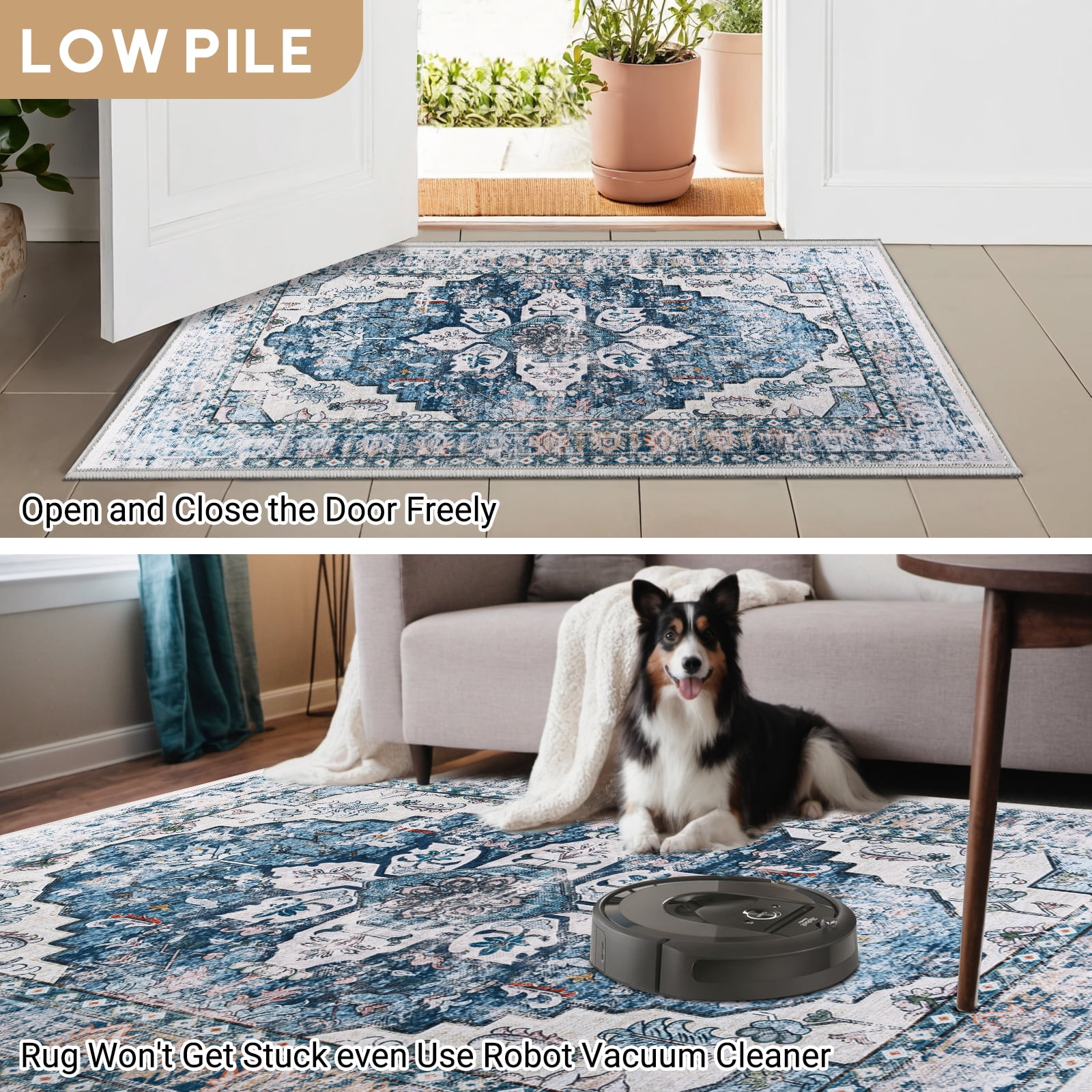 Vintage Area Rugs,Soft Washable Distressed Thin Rugs for Living Room Bedroom,Non-Slip Foldable Indoor Carpet,6' Diameter Navy Blue