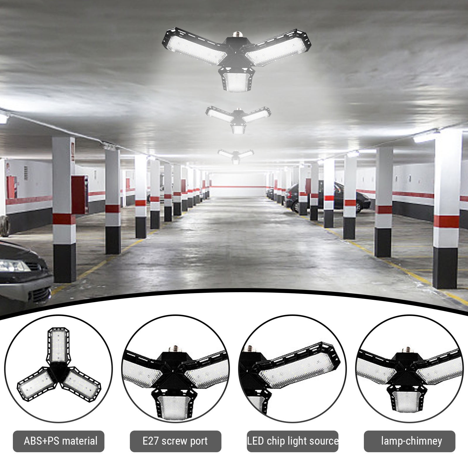 JilgTeok 4 Packs LED Garage Lights Deformable LED Garage Ceiling Lights with Adjustables Panels Lights for Garage Workshop Basement Support E27 Screw Socket