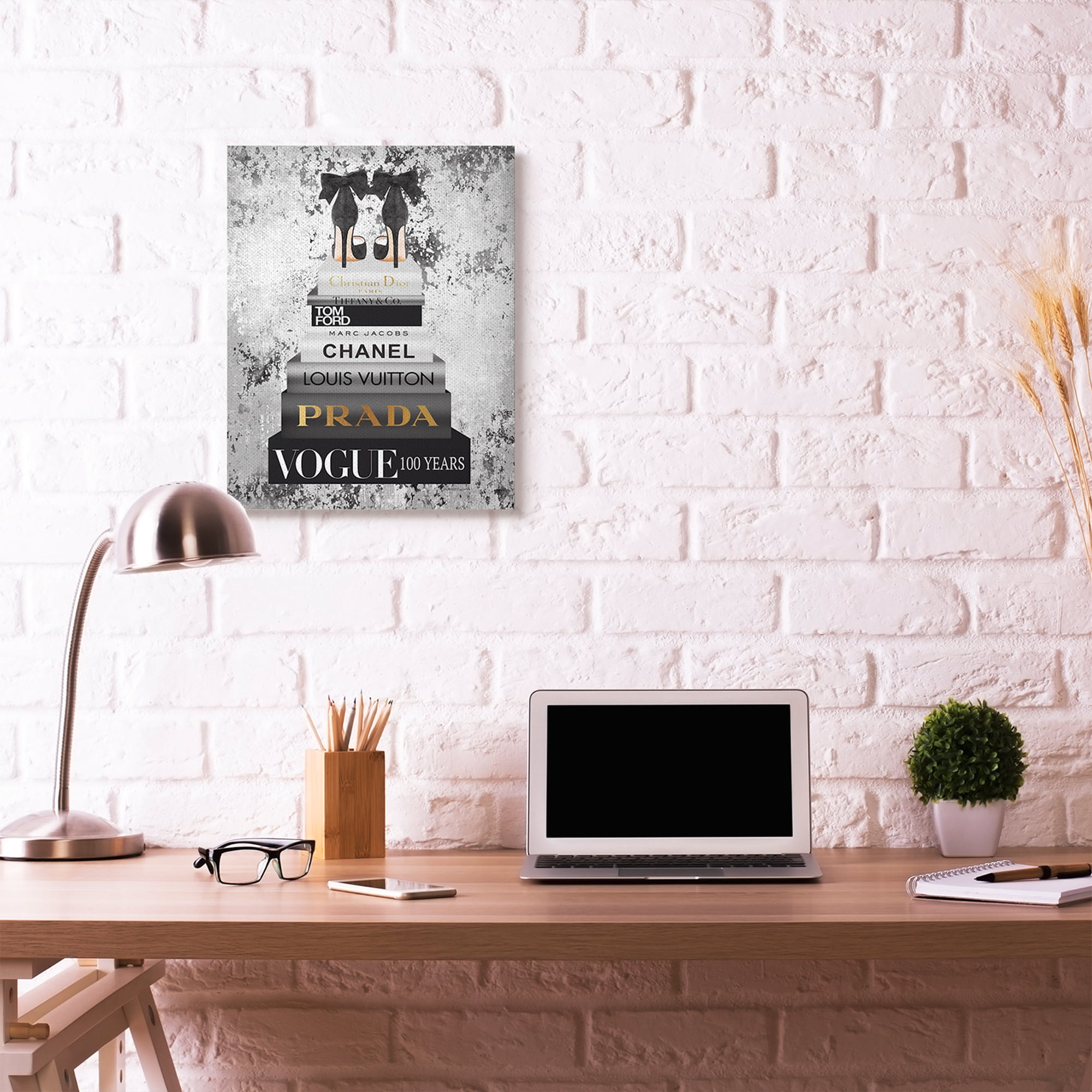 Stupell Industries Fashion Designer Shoes Bookstack Black And White Watercolor Canvas Wall Art by Amanda Greenwood