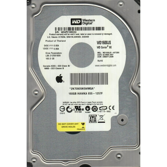 WD1600JS-40TGB0, DCM DBBAYTJAAN, Western Digital 160GB SATA 3.5 Hard Drive