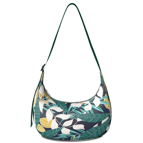 Colorful Exotic Palm Leaf Crossbody Bag for Women Hawaiian Jungle Botanical Corduroy Shoulder Purse with Adjustable Strap Tropical Plant Crescent Sling Bag