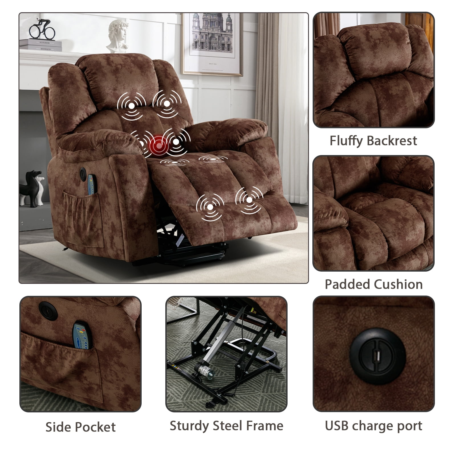Bonzy Home Power Lift Recliner,Elderly Lift Chair with Heat Therapy and Massage Function,Remote Control,Side Pocket Cup Holders,Living Room, Brown