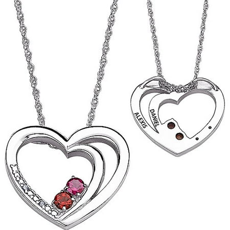 Personalized 3.5mm Round Genuine Birthstone and Diamond Accent Couples Name Sterling Silver Heart Pendant, 20"