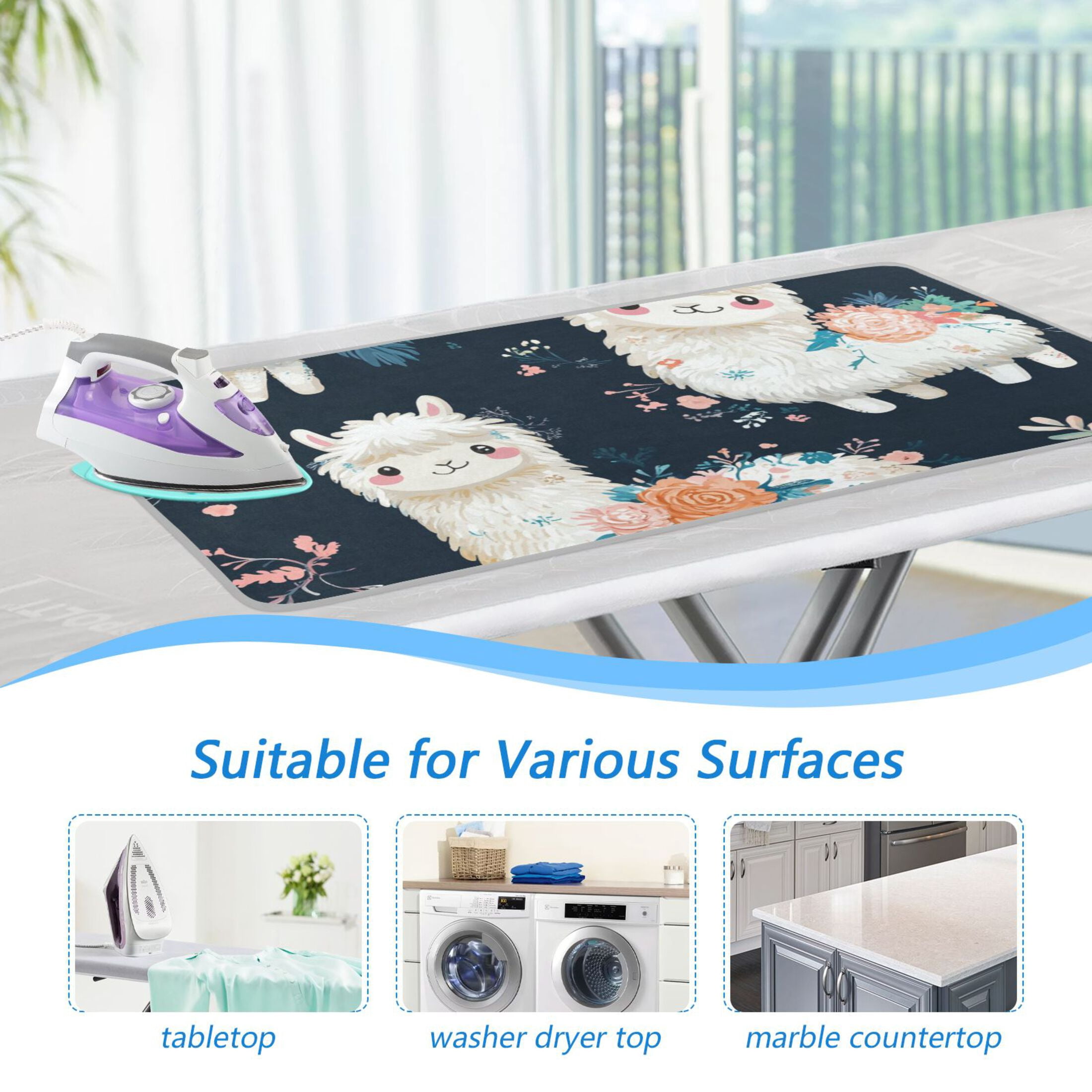 Cute Alpaca with Flowers on Back Ironing Mat Blanket Portable Travel Ironing Pad Heat Resistant Pad 47.2" x 27.6”