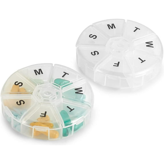 MEDca Weekly Large Round Travel Pill Organizer with 7-Day Pills Container, Multicolor (2 Pack)