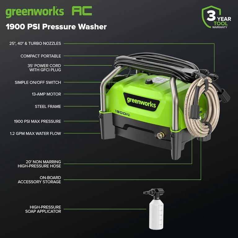Greenworks, Pressure Washer, 1900 MAX PSI, 1.2 GPM - Walmart.com