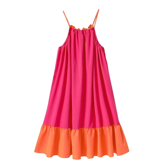 Odeerbi Niñas Verano Vacaciones En La Playa Vestido de Volantes Gasa Vestido de Tirantes Sin Mangas Patchwork Camisola Suelta