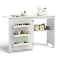 Finihen Folding Swing Craft Table Storage Shelves Cabinet, Small Home Office Desk Study Writing Table, White