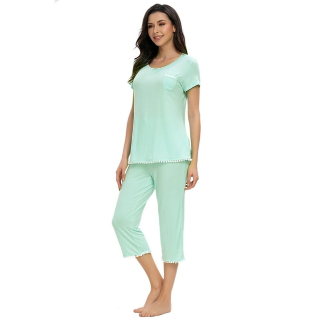 MINTLIMIT Women's Short Sleeve Tops and Capri Pants Solid Pajama Sets