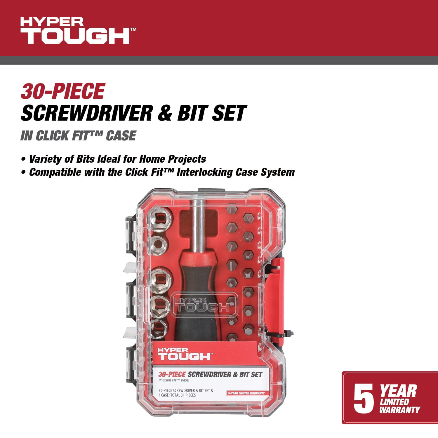 Hyper Tough 30-Piece Screwdriver Handle and Bit Set in Click Fit Case