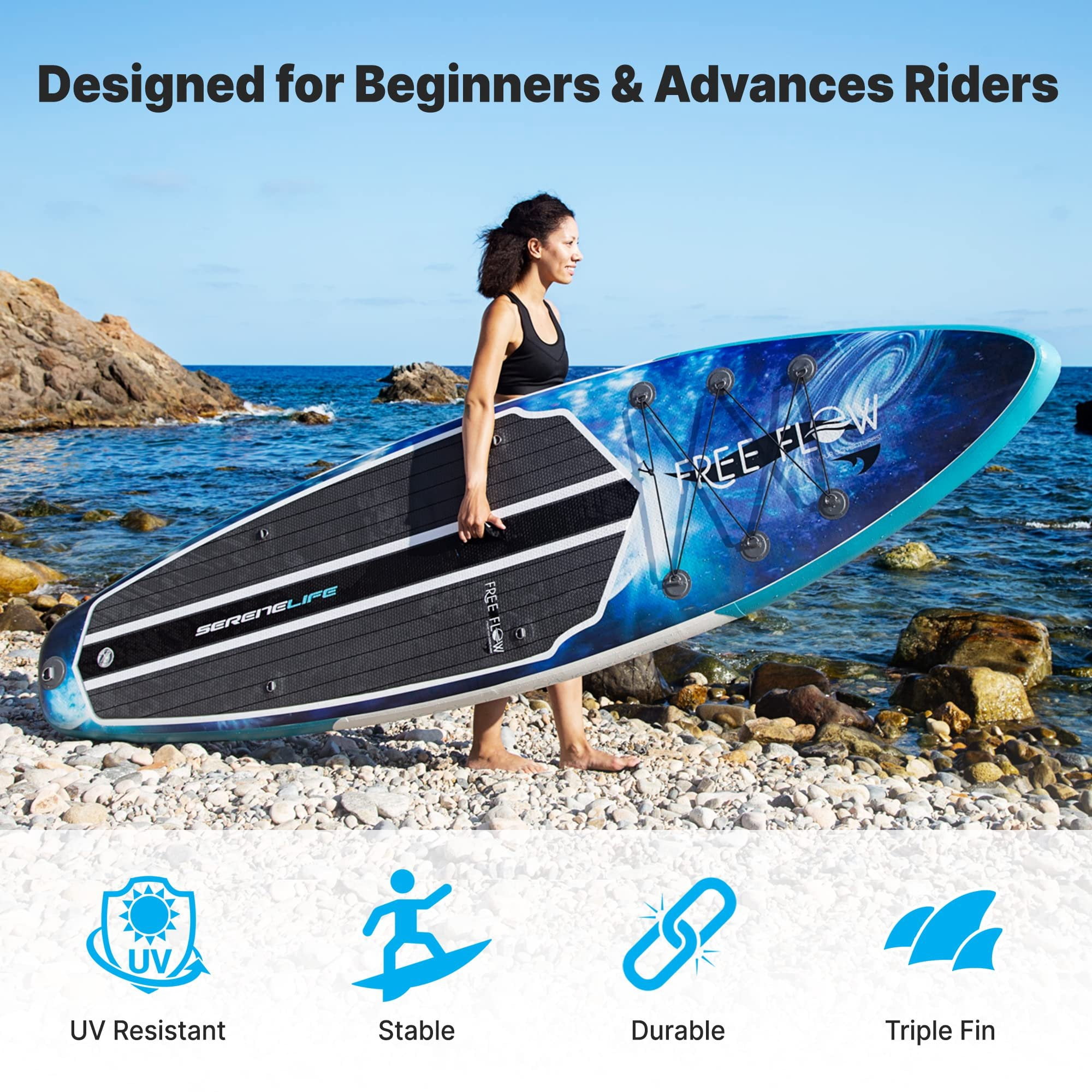 SereneLife 105 Inflatable Stand Up Paddle Board and Detachable Seat  Rising Flow SUP Paddleboard Set for Adults, Non-Slip EVA Deck Pad, Marine-Grade Build, 32" Wide Design, 285+ lbs. Capacity